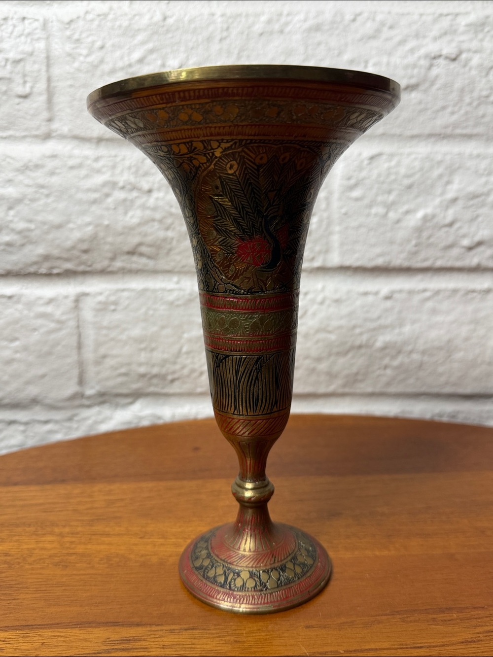 Beautiful Etched Brass 8 1/4" Peacock Floral Vase Stamped India Red Inlay
